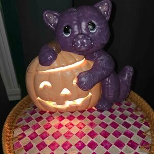 Purple Cat with Pumpkin Light Decor
